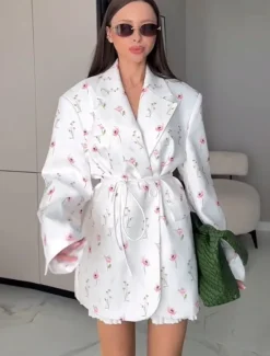Women's Blazer Comfortable Print Elegant Vintage Fashion Daily Floral Vacation Party Birthday Casual Single Breasted Regular Notch Lapel Loose Fit Long Sleeve Outerwear White Apricot Summer Spring Women Blazers & Suits