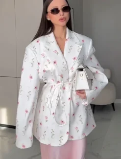 Women's Blazer Comfortable Print Elegant Vintage Fashion Daily Floral Vacation Party Birthday Casual Single Breasted Regular Notch Lapel Loose Fit Long Sleeve Outerwear White Apricot Summer Spring Women Blazers & Suits