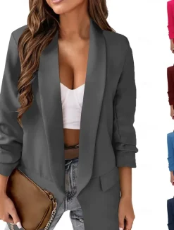Best Women's Blazer Comfortable Breathable Pocket Casual Plain Office Street Casual Daily Wear Open Front Regular Turndown Regular Fit Long Sleeve Outerwear Wine Navy Blue Blue Summer Fall Women Blazers & Suits
