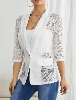 Sale Women's Blazer Formal Lace Plain Breathable Streetwear Regular Fit Outerwear Long Sleeve Spring Black S Women Blazers & Suits