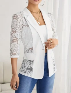 Sale Women's Blazer Formal Lace Plain Breathable Streetwear Regular Fit Outerwear Long Sleeve Spring Black S Women Blazers & Suits