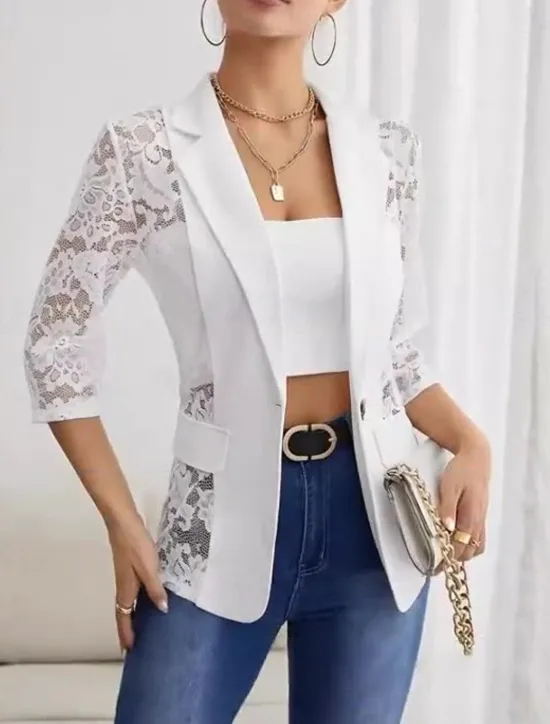 Sale Women's Blazer Formal Lace Plain Breathable Streetwear Regular Fit Outerwear Long Sleeve Spring Black S Women Blazers & Suits