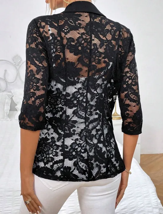 Sale Women's Blazer Formal Lace Plain Breathable Streetwear Regular Fit Outerwear Long Sleeve Spring Black S Women Blazers & Suits