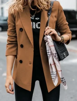 New Women's Blazer Outdoor Button Solid Color Warm Fashion Regular Fit Outerwear Long Sleeve Fall Light Blue S Women Blazers & Suits