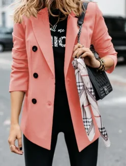 New Women's Blazer Outdoor Button Solid Color Warm Fashion Regular Fit Outerwear Long Sleeve Fall Light Blue S Women Blazers & Suits