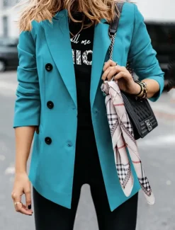 New Women's Blazer Outdoor Button Solid Color Warm Fashion Regular Fit Outerwear Long Sleeve Fall Light Blue S Women Blazers & Suits