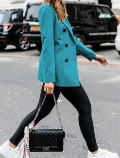 New Women's Blazer Outdoor Button Solid Color Warm Fashion Regular Fit Outerwear Long Sleeve Fall Light Blue S Women Blazers & Suits