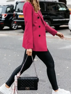 New Women's Blazer Outdoor Button Solid Color Warm Fashion Regular Fit Outerwear Long Sleeve Fall Light Blue S Women Blazers & Suits