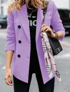 New Women's Blazer Outdoor Button Solid Color Warm Fashion Regular Fit Outerwear Long Sleeve Fall Light Blue S Women Blazers & Suits
