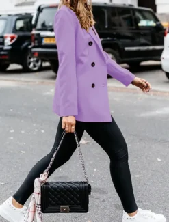 New Women's Blazer Outdoor Button Solid Color Warm Fashion Regular Fit Outerwear Long Sleeve Fall Light Blue S Women Blazers & Suits