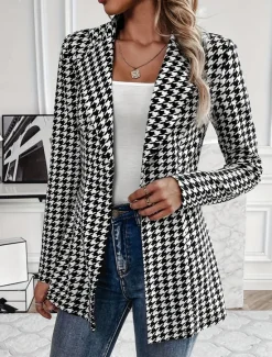 Women's Blazer Outdoor Print Check Breathable Stylish Regular Fit Outerwear Long Sleeve Fall S Women Blazers & Suits