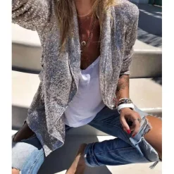 Discount Women's Blazer Sequins Coat Sparkle Coa White Black Gold Open Front Long Sleeve,Sequin Jacket Shine Bright Like Diamond tParty Evening Spring Autumn Regular Fit S M L XL XXL Women Blazers & Suits