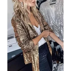 Discount Women's Blazer Sequins Coat Sparkle Coa White Black Gold Open Front Long Sleeve,Sequin Jacket Shine Bright Like Diamond tParty Evening Spring Autumn Regular Fit S M L XL XXL Women Blazers & Suits