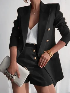 Clearance Women's Blazer Suits 2 Pcs Blazer & Short Pant Double Breasted Blazer Fall Work Office Casual / Daily Fashion Outerwear Long Sleeve Summer Black S Women Blazers & Suits