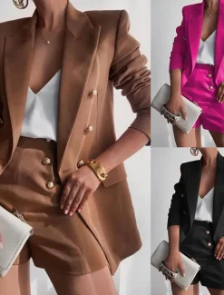 Clearance Women's Blazer Suits 2 Pcs Blazer & Short Pant Double Breasted Blazer Fall Work Office Casual / Daily Fashion Outerwear Long Sleeve Summer Black S Women Blazers & Suits