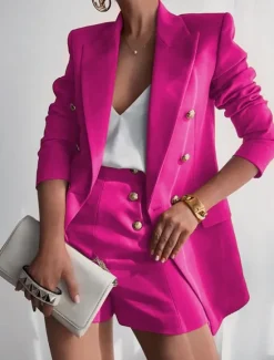 Clearance Women's Blazer Suits 2 Pcs Blazer & Short Pant Double Breasted Blazer Fall Work Office Casual / Daily Fashion Outerwear Long Sleeve Summer Black S Women Blazers & Suits