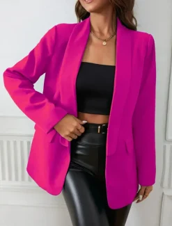 Best Women's Blazer Warm Breathable Pocket OL Style Casual Plain Formal Office Work Open Front Regular Turndown Regular Fit Long Sleeve Outerwear Black Fuchsia Summer Spring Women Blazers & Suits