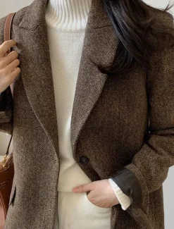 Online Women's Blazer Warm Breathable Patchwork Pocket OL Style Modern Solid Color Office / Career Going out Regular Turndown Regular Fit Long Sleeve Outerwear Brown Grey Fall Winter Women Blazers & Suits|Coats & Trench Coats