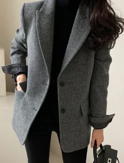 Online Women's Blazer Warm Breathable Patchwork Pocket OL Style Modern Solid Color Office / Career Going out Regular Turndown Regular Fit Long Sleeve Outerwear Brown Grey Fall Winter Women Blazers & Suits|Coats & Trench Coats