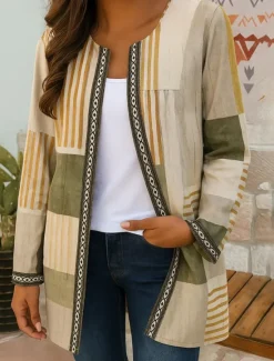 Online Women's Blazer Windproof Warm Pocket Color Block Open Front Modern Boho Vintage Geometric Casual Daily Casual Daily Regular Crewneck Loose Fit Long Sleeve Outerwear Black Yellow Pink Fall Women Blazers & Suits|Jackets