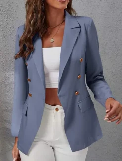 Online Women's Blazer Work Button Solid Color Breathable OL Style Regular Fit Outerwear Long Sleeve Fall Black S Women Blazers & Suits