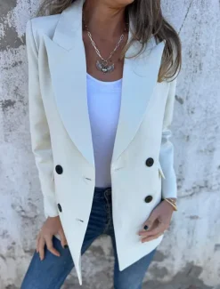 New Women's Blazer Work Button Solid Color Breathable OL Style Regular Fit Outerwear Long Sleeve Fall White S Women Blazers & Suits