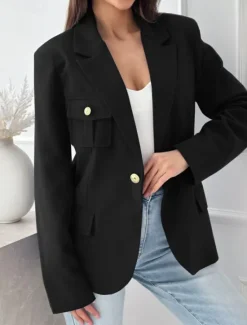 Women's Blazer Work Button Solid Color Casual / Daily Stylish Regular Fit Outerwear Long Sleeve Winter Black S Women Blazers & Suits
