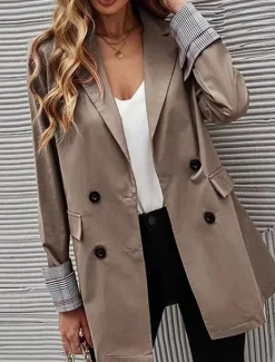New Women's Blazer Work Button Solid Color Breathable OL Style Regular Fit Outerwear Long Sleeve Fall Blue S Women Blazers & Suits