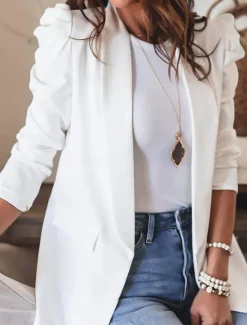 Hot Women's Blazer Work Pocket Solid Color Breathable OL Style Regular Fit Outerwear Long Sleeve Fall Black S Women Blazers & Suits
