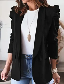 Hot Women's Blazer Work Pocket Solid Color Breathable OL Style Regular Fit Outerwear Long Sleeve Fall Black S Women Blazers & Suits