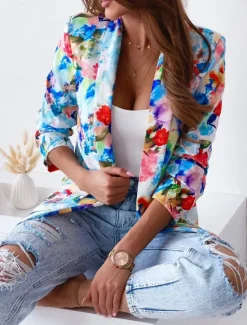 Clearance Women's Blazer Work Print Floral Breathable OL Style Regular Fit Outerwear Long Sleeve Fall Pink M Women Blazers & Suits