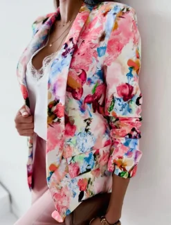 Clearance Women's Blazer Work Print Floral Breathable OL Style Regular Fit Outerwear Long Sleeve Fall Pink M Women Blazers & Suits