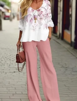 Women's Blouse Basic Neon & Bright Blouse Chinos 3/4 Length Sleeve V Neck Leopard Print Casual Spring Regular Fit Women Spring Tops