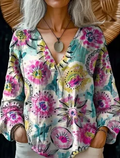 Women's Blouse Button Down Floral Graphic Stylish Beach Short Sleeve V Neck Regular Tops Daily Print Pink Light Brown Brown Green Summer Spring Women Blouses & Shirts