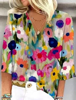 Best Women's Blouse Button Down Floral Graphic Stylish Beach Short Sleeve V Neck Regular Tops Daily Print Summer Spring Women Blouses & Shirts