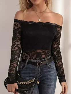 Discount Women's Blouse Casual Long Sleeve Off Shoulder Regular Tops Lace claret Black Summer Spring Women Lace Tops