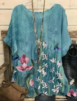 Sale Women's Blouse Chiffon Basic Casual Floral Leaf Print Dolman Sleeve Short Sleeve Regular Tops Crew Neck Daily Going out Beach Red Blue Summer Spring Women Chiffon Tops|Spring Tops