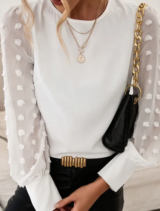 Outlet Women's Blouse Chiffon Elegant Modern Solid Color Patchwork Bishop Sleeve Long Sleeve Crew Neck Work Daily Black Navy Blue Summer Spring Fall Women Lace Tops