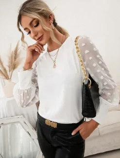 Outlet Women's Blouse Chiffon Elegant Modern Solid Color Patchwork Bishop Sleeve Long Sleeve Crew Neck Work Daily Black Navy Blue Summer Spring Fall Women Lace Tops