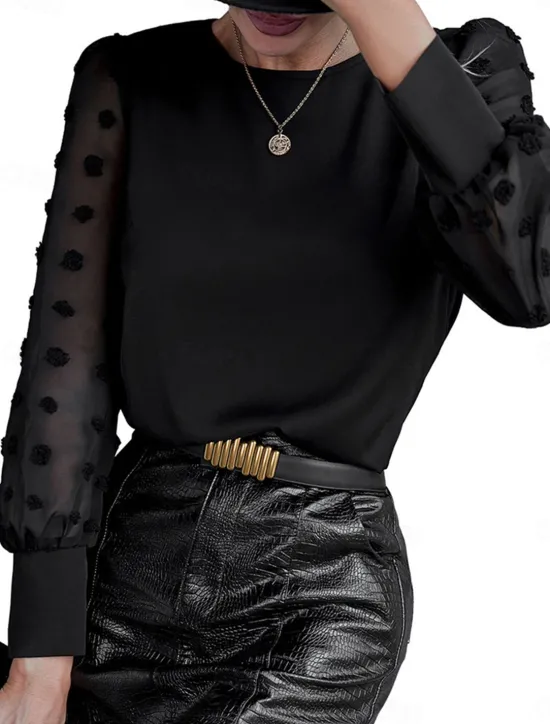 Outlet Women's Blouse Chiffon Elegant Modern Solid Color Patchwork Bishop Sleeve Long Sleeve Crew Neck Work Daily Black Navy Blue Summer Spring Fall Women Lace Tops