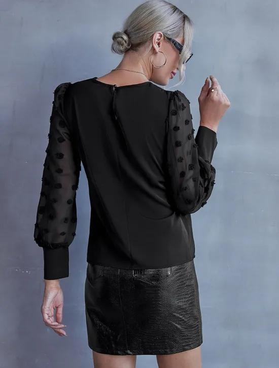 Outlet Women's Blouse Chiffon Elegant Modern Solid Color Patchwork Bishop Sleeve Long Sleeve Crew Neck Work Daily Black Navy Blue Summer Spring Fall Women Lace Tops