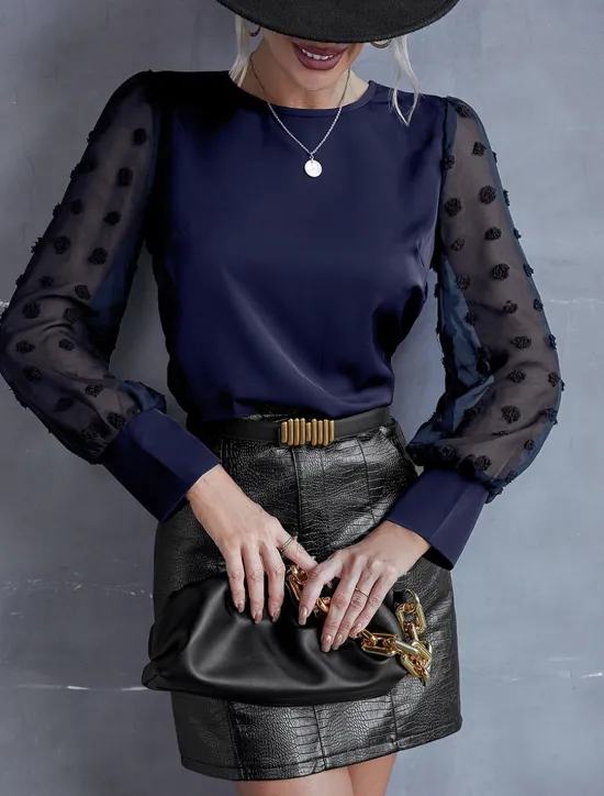Outlet Women's Blouse Chiffon Elegant Modern Solid Color Patchwork Bishop Sleeve Long Sleeve Crew Neck Work Daily Black Navy Blue Summer Spring Fall Women Lace Tops