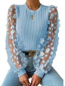 Best Women's Blouse Chiffon Stylish Modern Solid Color Mesh Patchwork Lantern Sleeve Long Sleeve Crew Neck Work Black White Blue Summer Spring Fall Women Blouses & Shirts