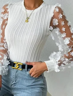 Best Women's Blouse Chiffon Stylish Modern Solid Color Mesh Patchwork Lantern Sleeve Long Sleeve Crew Neck Work Black White Blue Summer Spring Fall Women Blouses & Shirts