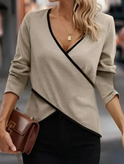Women's Blouse Color Block Stylish Casual Long Sleeve V Neck Regular Tops Daily Criss Cross White Khaki Summer Spring Fall Women Blouses & Shirts