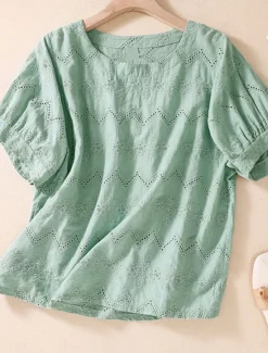 Women's Blouse Cotton Linen Shirts Solid Color Stylish Casual Short Sleeve Crew Neck Regular Tops Daily Holiday Going out Hollow Out White Orange Green Summer Spring Women Shirts