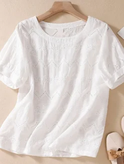 Women's Blouse Cotton Linen Shirts Solid Color Stylish Casual Short Sleeve Crew Neck Regular Tops Daily Holiday Going out Hollow Out White Orange Green Summer Spring Women Shirts