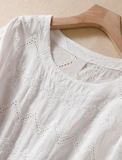 Women's Blouse Cotton Linen Shirts Solid Color Stylish Casual Short Sleeve Crew Neck Regular Tops Daily Holiday Going out Hollow Out White Orange Green Summer Spring Women Shirts