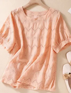 Women's Blouse Cotton Linen Shirts Solid Color Stylish Casual Short Sleeve Crew Neck Regular Tops Daily Holiday Going out Hollow Out White Orange Green Summer Spring Women Shirts