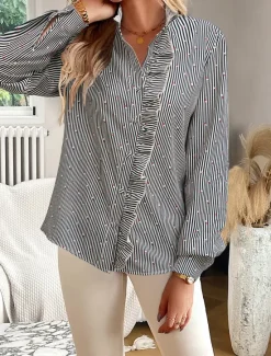 Online Women's Blouse Designer Shirt Neutral Streetwear Romantic Striped Ruffle Buttons Long Sleeve Regular Tops Shirt Collar Work Going out Black White Red Blue Spring Fall & Winter Women Blouses & Shirts